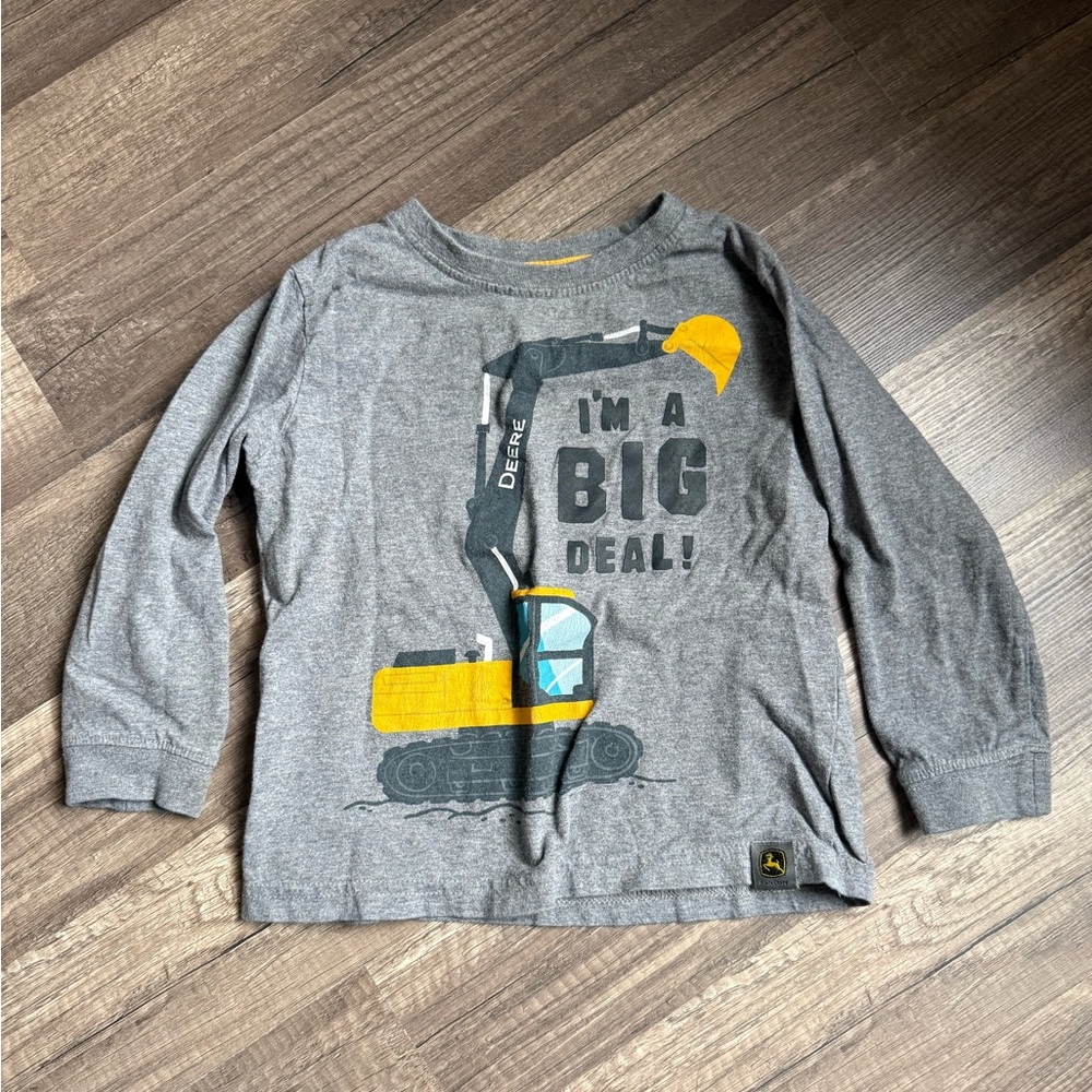 John Deere Grey Long-Sleeve Tee with Yellow Excavator Graphic